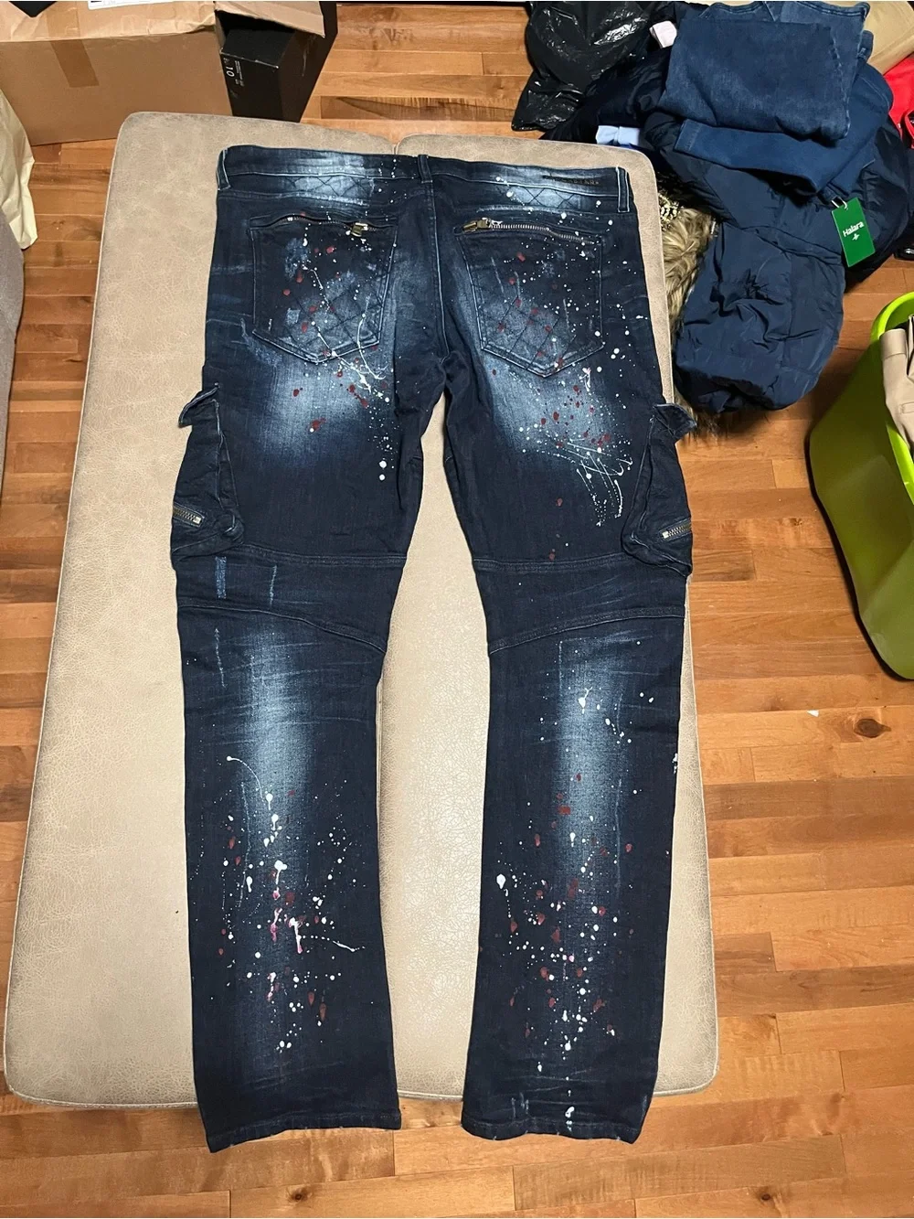 Rockstar Men's Dark Blue Distressed Paint-Splatter Jeans size 40